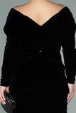 20304 Black Off-Shoulder Sleeve Midi Velvet Dress