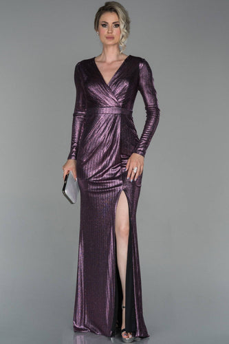 19211b Purple Metallic Draped Slit Dress