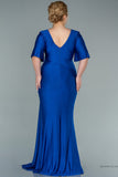 30217 Royal Blue Waist Brooch Draped Slit Dress