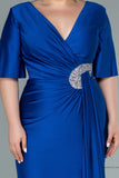30217 Royal Blue Waist Brooch Draped Slit Dress