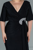 30212 Black Waist Brooch Draped Slit Dress