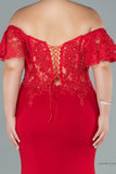 30171 Red Off-Shoulder Transparent Waist Slit Mermaid Dress