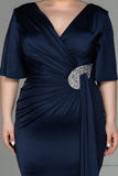 30210 Navy Blue Waist Brooch Draped Slit Dress