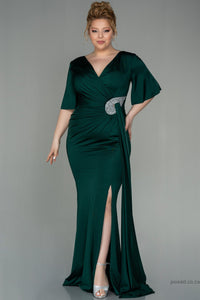 30216 Emerald Green Waist Brooch Draped Slit Dress