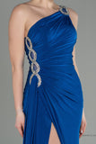 30167 Royal Blue One Shoulder Draped Slit Dress