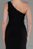 30168 Black One Shoulder Draped Slit Dress
