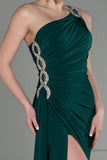 30164 GreenOne Shoulder Draped Slit Dress