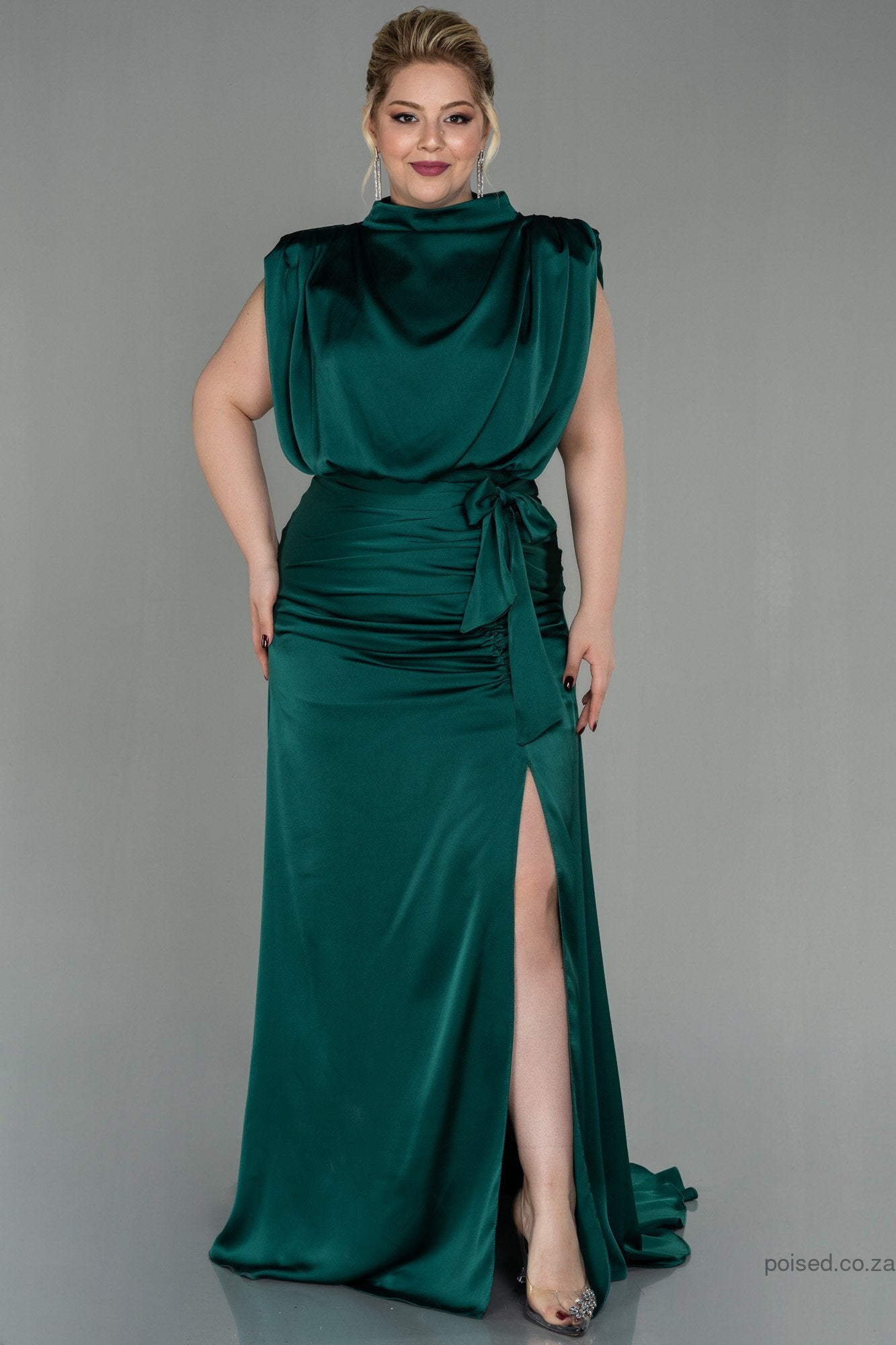 17830268 Emerald Green Draped Back Train Slit Dress | AMP 17830268 Emerald Green Draped Back Train Slit Dress | AMP