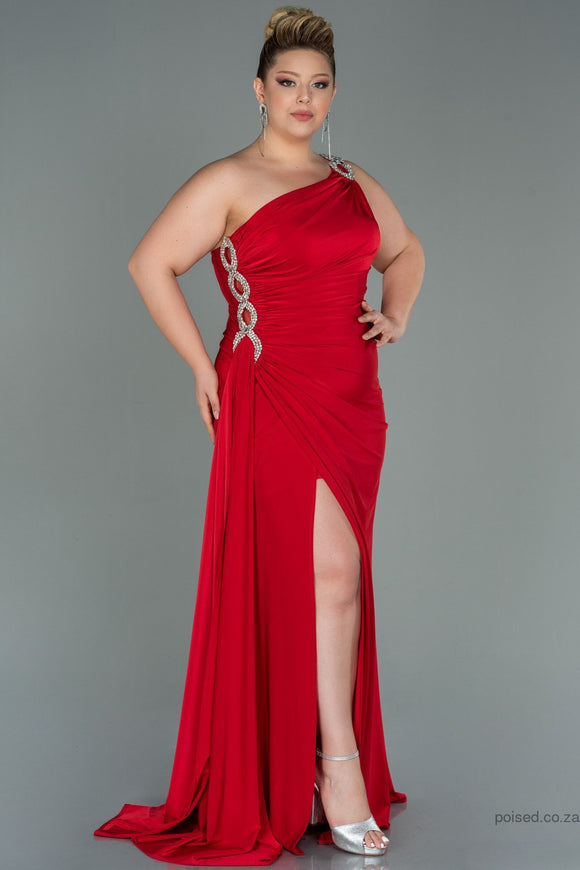 30161 Red One Shoulder Draped Slit Dress