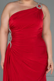 30161 Red One Shoulder Draped Slit Dress