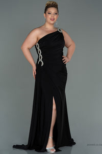 30152 Black Draped One Shoulder Slit Dress