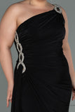 30152 Black Draped One Shoulder Slit Dress