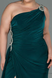 30162 Green One Shoulder Draped Slit Dress