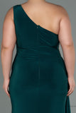 30162 Green One Shoulder Draped Slit Dress