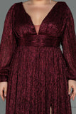 30154 Burgundy Draped Waist Slit Sleeve Shimmer Dress