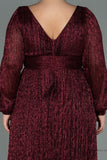 30154 Burgundy Draped Waist Slit Sleeve Shimmer Dress