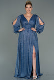30160 Blue Draped Waist Slit Sleeve Shimmer Dress
