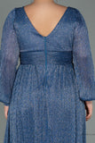 30160 Blue Draped Waist Slit Sleeve Shimmer Dress