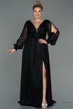 30159 Black Draped Waist Slit Sleeve Shimmer Dress