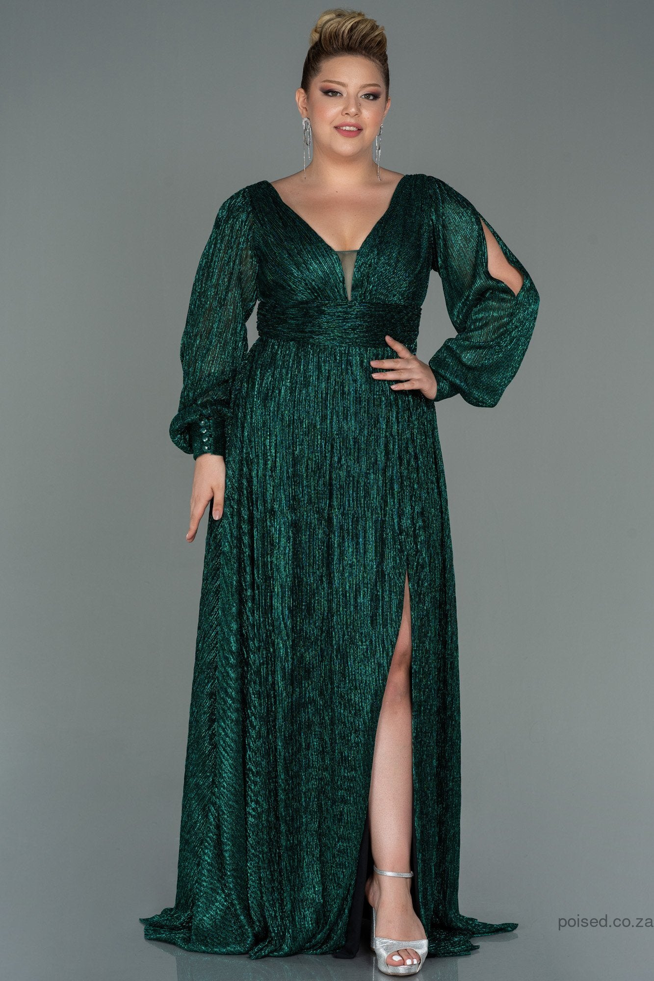 plus size emerald green prom dress 77430157 Emerald Green Draped Waist Slit Sleeve Shimmer Dress