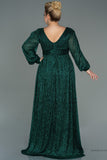 30157 Emerald Green Draped Waist Slit Sleeve Shimmer Dress