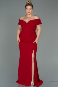 30239 Red Draped Off-Shoulder Slit Dress