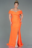 30242 Orange Draped Off-Shoulder Slit Dress