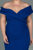 30238 Royal Blue Draped Off-Shoulder Slit Dress
