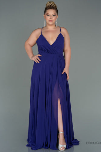 30207 Midnight Blue Back Cross Strap Slit Chiffon Dress