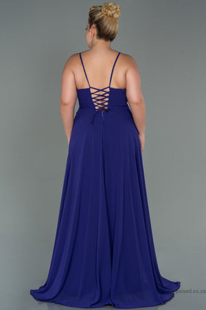 30207 Midnight Blue Back Cross Strap Slit Chiffon Dress