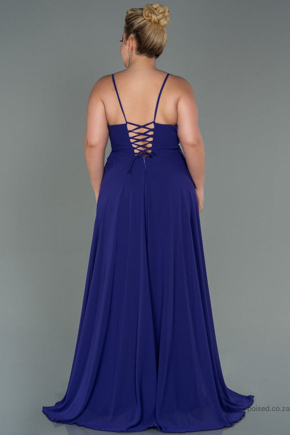 30207 Midnight Blue Back Cross Strap Slit Chiffon Dress