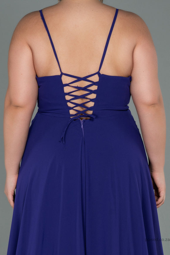 30207 Midnight Blue Back Cross Strap Slit Chiffon Dress