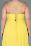 30205 Yellow Back Cross Strap Slit Chiffon Dress