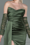 30176 Olive Green Draped Slit Strapless Dress