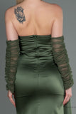30176 Olive Green Draped Slit Strapless Dress