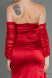 30180 Red Draped Slit Strapless Dress