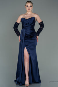 30175 Navy Blue Draped Slit Strapless Dress