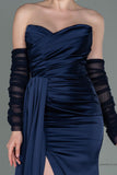 30175 Navy Blue Draped Slit Strapless Dress