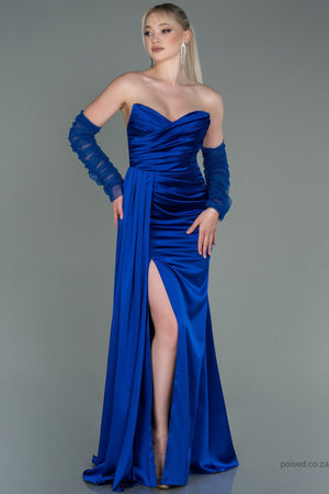 30181 Royal BlueDraped Slit Strapless Dress