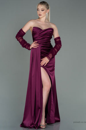 30177 Plum Draped Slit Strapless Dress