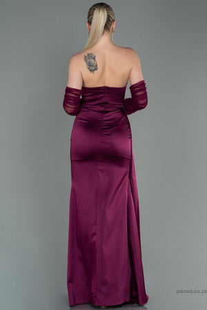 30177 Plum Draped Slit Strapless Dress