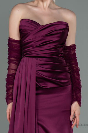 30177 Plum Draped Slit Strapless Dress