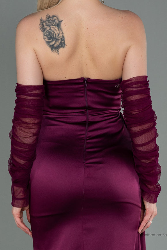 30177 Plum Draped Slit Strapless Dress