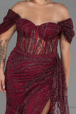 30185 Burgundy Off-Shoulder Sheer Corset Slit Dress