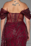 30185 Burgundy Off-Shoulder Sheer Corset Slit Dress