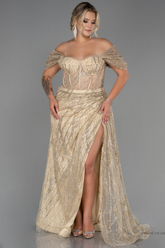 30184 Gold Off-Shoulder Sheer Corset Slit Dress