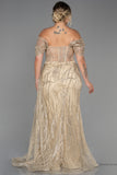 30184 Gold Off-Shoulder Sheer Corset Slit Dress
