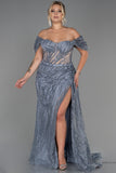 30187 Silver-Grey Off-Shoulder Sheer Corset Slit Dress