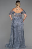 30187 Silver-Grey Off-Shoulder Sheer Corset Slit Dress
