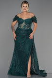 30183 Emerald Green Off-Shoulder Sheer Corset Slit Dress